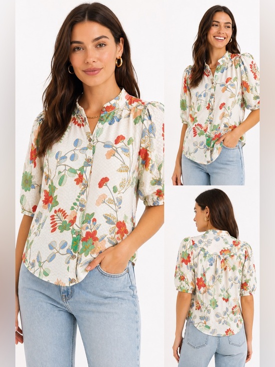 Anthropologie Tops - Antropologie Boho Floral Button Down Blouse Puff Sleeve Cottagecore Top Size 2